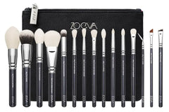Zoeva makeup brush set with black pouch on a white background